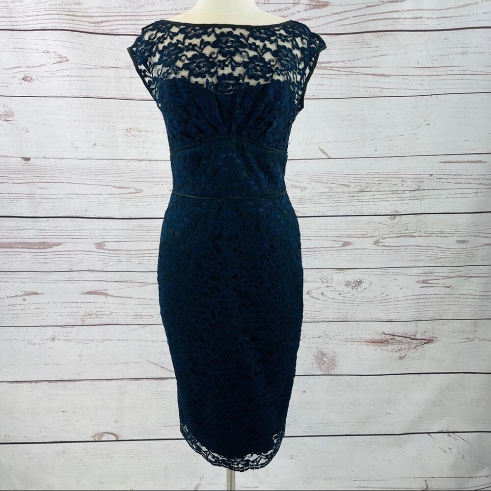 Maggy London black blue sparkle lace sheath dress